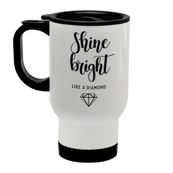 Bright, Shine like a Diamond, Stainless steel travel mug with lid, double wall white 450ml