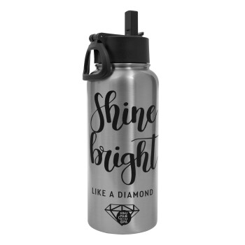 Bright, Shine like a Diamond, Metal mug thermo Silver with Straw and Spout Lid (Stainless steel), double wall, 950ml