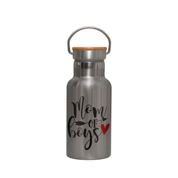 Mom of boys, Stainless steel metallic thermos flask, silver with a bamboo lid, double-walled, 350ml.