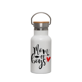 Mom of boys, Metallic thermos (Stainless steel) White with wooden lid (bamboo), double-walled, 350ml