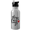 Water bottle Silver with straw, stainless steel 600ml