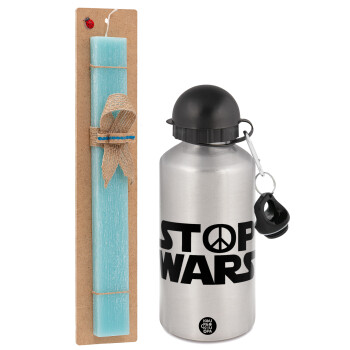 STOP WARS, Easter Set, metallic silver aluminum water bottle (500ml) & scented flat Easter candle (30cm) (TURQUOISE)