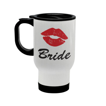 Bride kiss, Stainless steel travel mug with lid, double wall white 450ml
