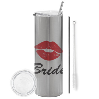 Bride kiss, Eco friendly stainless steel Silver tumbler 600ml, with metal straw & cleaning brush
