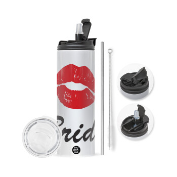 Bride kiss, Travel Tumbler 2 Lids, with metal straw & cleaning brush (Stainless steel 304 Food grade, BPA free, 600ml)