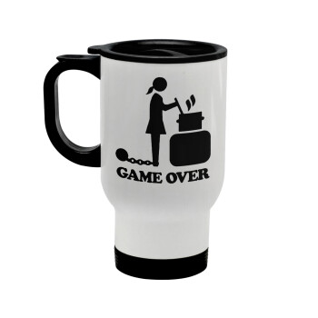 Woman Game Over, Stainless steel travel mug with lid, double wall white 450ml