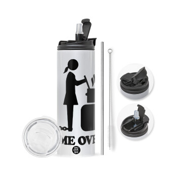 Woman Game Over, Travel Tumbler θερμό με διπλό καπάκι, μεταλλικό καλαμάκι και βούρτσα καθαρισμού (Ανωξείδωτο 304 Food grade, BPA free, 600ml)