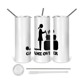 Woman Game Over, 360 Eco friendly ποτήρι θερμό (tumbler) από ανοξείδωτο ατσάλι 600ml, με μεταλλικό καλαμάκι & βούρτσα καθαρισμού