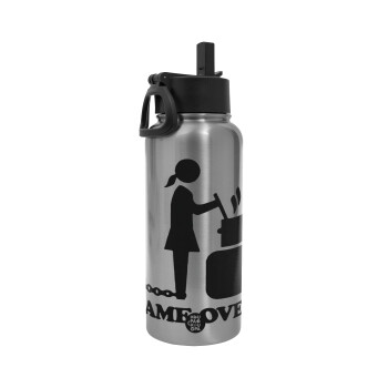 Woman Game Over, Metal mug thermo Silver with Straw and Spout Lid (Stainless steel), double wall, 950ml