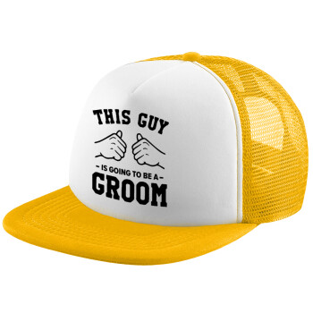 This Guy is going to be a GROOM, Adult Soft Trucker Hat with Yellow/White Mesh (POLYESTER, ADULT, UNISEX, ONE SIZE)