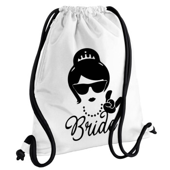 Bride hands, Backpack pouch GYMBAG white, with pocket (40x48cm) & thick cords