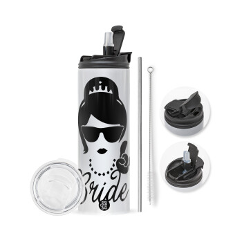 Bride hands, Travel Tumbler θερμό με διπλό καπάκι, μεταλλικό καλαμάκι και βούρτσα καθαρισμού (Ανωξείδωτο 304 Food grade, BPA free, 600ml)