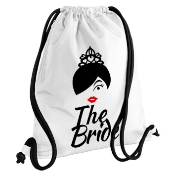 The Bride red kiss, Backpack pouch GYMBAG white, with pocket (40x48cm) & thick cords