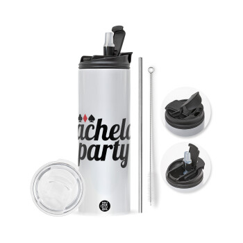 Bachelor party, Travel Tumbler θερμό με διπλό καπάκι, μεταλλικό καλαμάκι και βούρτσα καθαρισμού (Ανωξείδωτο 304 Food grade, BPA free, 600ml)