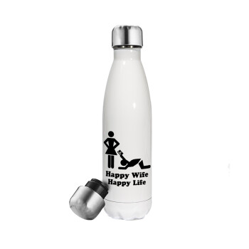 Happy Wife, Happy Life, Metal mug thermos White (Stainless steel), double wall, 500ml