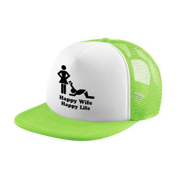 Happy Wife, Happy Life, Child's Soft Trucker Hat with Green/White Mesh (POLYESTER, CHILDREN'S, ONE SIZE)