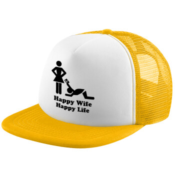 Happy Wife, Happy Life, Adult Soft Trucker Hat with Yellow/White Mesh (POLYESTER, ADULT, UNISEX, ONE SIZE)