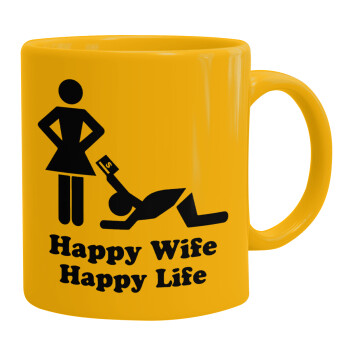 Happy Wife, Happy Life, Ceramic coffee mug yellow, 330ml