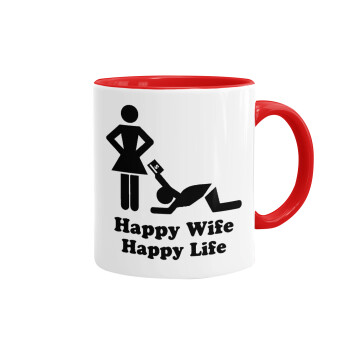 Happy Wife, Happy Life, Κούπα χρωματιστή κόκκινη, κεραμική, 330ml