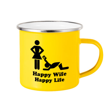 Happy Wife, Happy Life, Yellow Enamel Metallic Cup 360ml