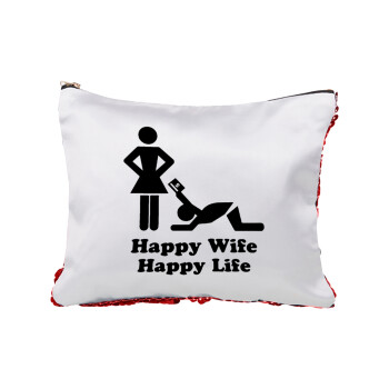 Happy Wife, Happy Life, Red sequin cosmetic bag