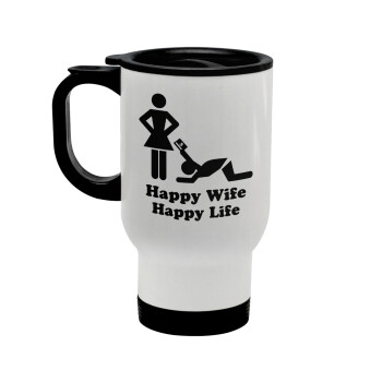 Happy Wife, Happy Life, Stainless steel travel mug with lid, double wall white 450ml