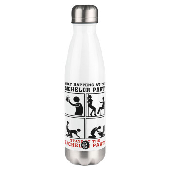What happens at the bachelor party, stays at the bachelor party!, Metal mug thermos White (Stainless steel), double wall, 500ml