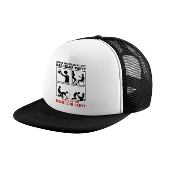 What happens at the bachelor party, stays at the bachelor party!, Καπέλο Ενηλίκων Soft Trucker με Δίχτυ Black/White (POLYESTER, ΕΝΗΛΙΚΩΝ, UNISEX, ONE SIZE)