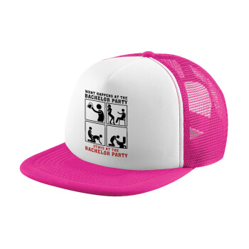 What happens at the bachelor party, stays at the bachelor party!, Καπέλο Ενηλίκων Soft Trucker με Δίχτυ Pink/White (POLYESTER, ΕΝΗΛΙΚΩΝ, UNISEX, ONE SIZE)