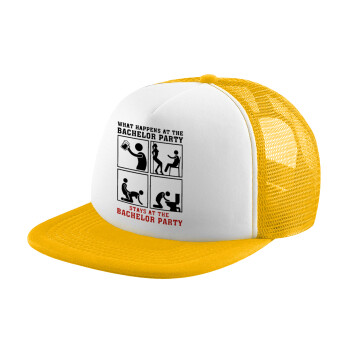 What happens at the bachelor party, stays at the bachelor party!, Καπέλο Ενηλίκων Soft Trucker με Δίχτυ Κίτρινο/White (POLYESTER, ΕΝΗΛΙΚΩΝ, UNISEX, ONE SIZE)