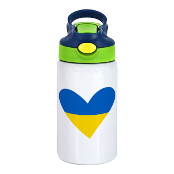 UKRAINE heart, Children's hot water bottle, stainless steel, with safety straw, green, blue (350ml)