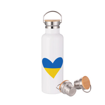 UKRAINE heart, Stainless steel White with wooden lid (bamboo), double wall, 750ml