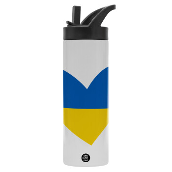 UKRAINE heart, Metallic thermos bottle with straw & handle, stainless steel (Stainless steel 304), double-walled, 600ml.