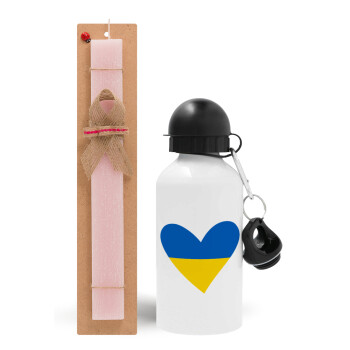 UKRAINE heart, Easter Set, metallic aluminum bottle (500ml) & aromatic flat Easter candle (30cm) (PINK)