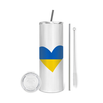 UKRAINE heart, Tumbler ποτήρι θερμό από ανοξείδωτο ατσάλι 600ml, με μεταλλικό καλαμάκι & βούρτσα καθαρισμού