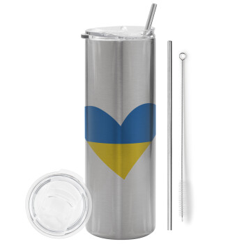 UKRAINE heart, Tumbler ποτήρι θερμό Ασημένιο από ανοξείδωτο ατσάλι 600ml, με μεταλλικό καλαμάκι & βούρτσα καθαρισμού