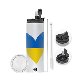 UKRAINE heart, Travel Tumbler θερμό με διπλό καπάκι, μεταλλικό καλαμάκι και βούρτσα καθαρισμού (Ανωξείδωτο 304 Food grade, BPA free, 600ml)