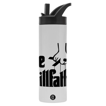 The Grillfather, Metallic thermos bottle with straw & handle, stainless steel (Stainless steel 304), double-walled, 600ml.