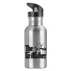 Water bottle Silver with straw, stainless steel 600ml