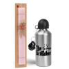 Easter Set, metallic Silver aluminum water bottle (500ml) & scented flat Easter candle (30cm) (PINK)