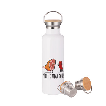 Nice to MEAT you, Stainless steel White with wooden lid (bamboo), double wall, 750ml