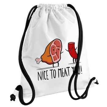 Nice to MEAT you, Τσάντα πλάτης πουγκί GYMBAG λευκή, με τσέπη (40x48cm) & χονδρά κορδόνια