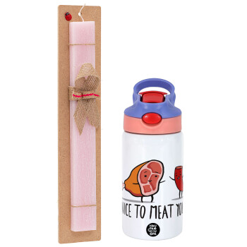 Nice to MEAT you, Easter Set, Children's thermal stainless steel water bottle with safety straw, pink/purple (350ml) & Easter scented flat candle (30cm) (PINK)