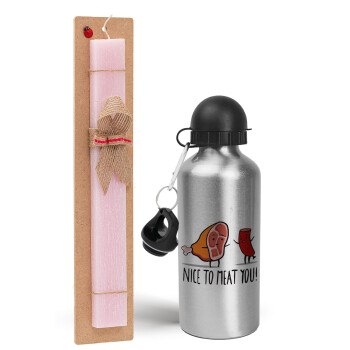 Nice to MEAT you, Easter Set, metallic Silver aluminum water bottle (500ml) & scented flat Easter candle (30cm) (PINK)