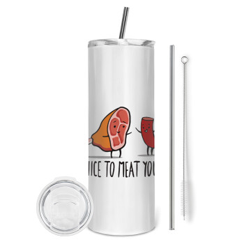 Nice to MEAT you, Eco friendly ποτήρι θερμό (tumbler) από ανοξείδωτο ατσάλι 600ml, με μεταλλικό καλαμάκι & βούρτσα καθαρισμού