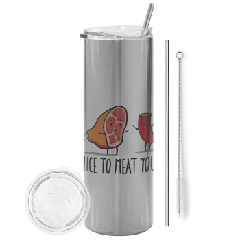 Nice to MEAT you, Eco friendly ποτήρι θερμό Ασημένιο (tumbler) από ανοξείδωτο ατσάλι 600ml, με μεταλλικό καλαμάκι & βούρτσα καθαρισμού