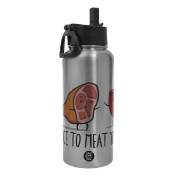 Nice to MEAT you, Metal mug thermo Silver with Straw and Spout Lid (Stainless steel), double wall, 950ml