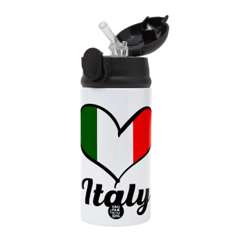 Italy flag, Children's hot water bottle, stainless steel, with safety straw, Black (360ml) BPA-FREE