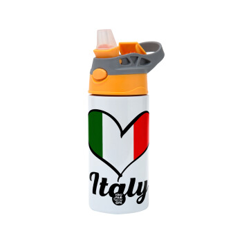 Italy flag, Children's hot water bottle, stainless steel, with safety straw, Orange/Grey (360ml) BPA-FREE