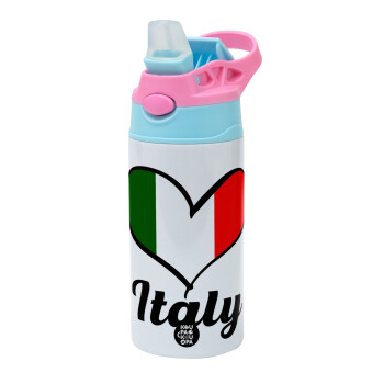 Italy flag, Children's hot water bottle, stainless steel, with safety straw, Pink/BlueCiel (360ml) BPA FREE